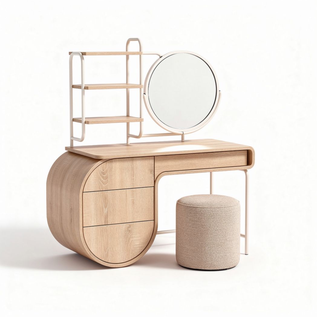 Coiffeuse en bois avec miroir rond et tabouret 120 x 50 x 150cm