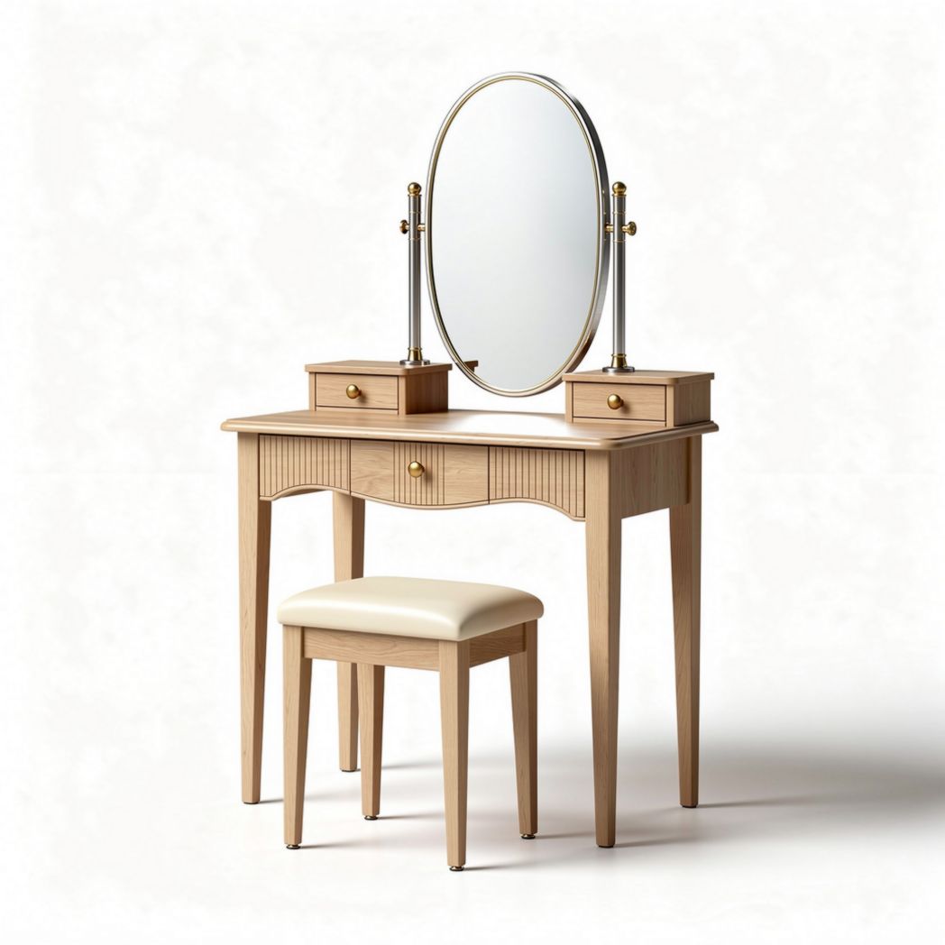 Coiffeuse en bois clair avec miroir oval et tabouret rembourré 100 x 40 x 80cm