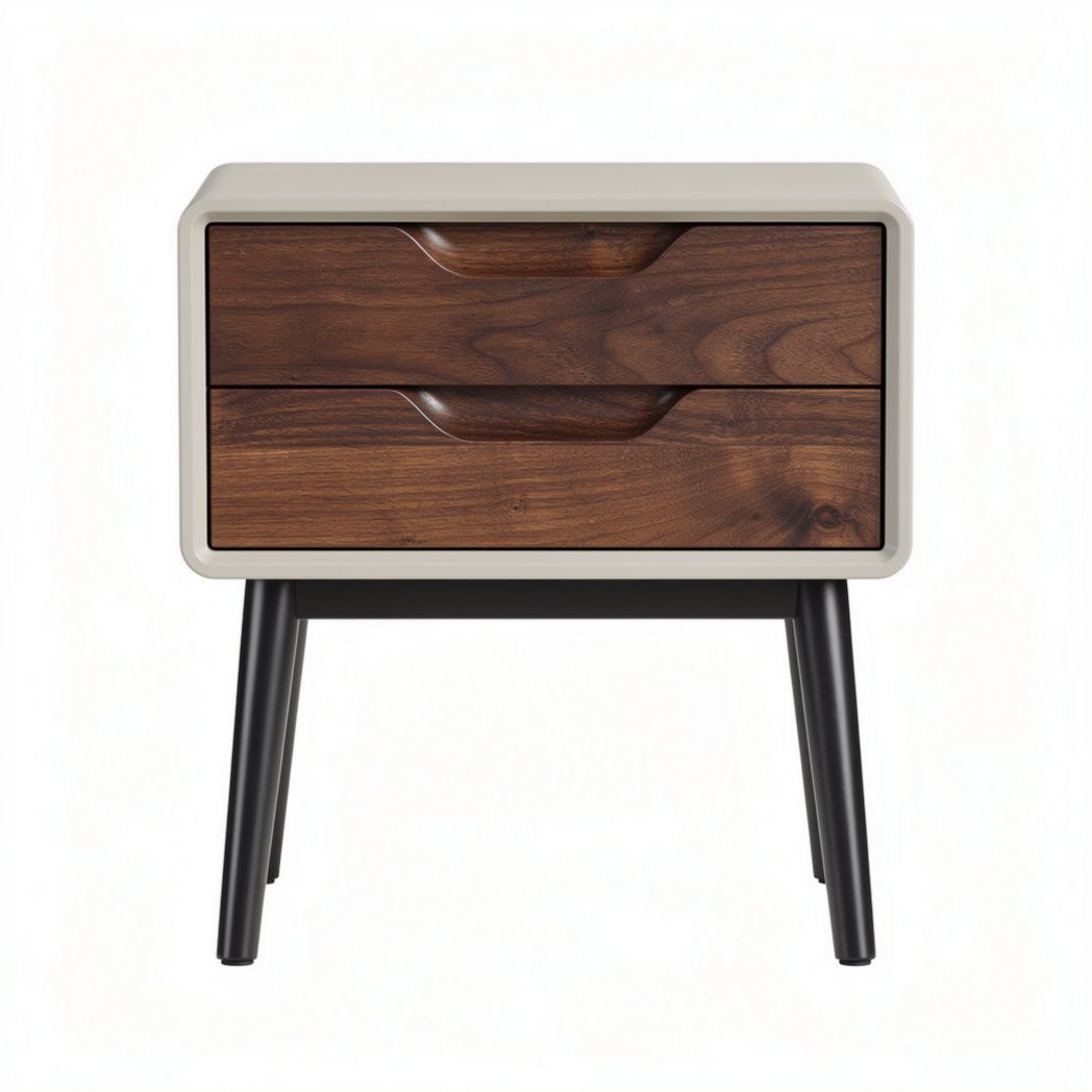 Table de nuit en bois avec deux tiroirs couleur chêne et structure noire 45 x 40 x 50cm
