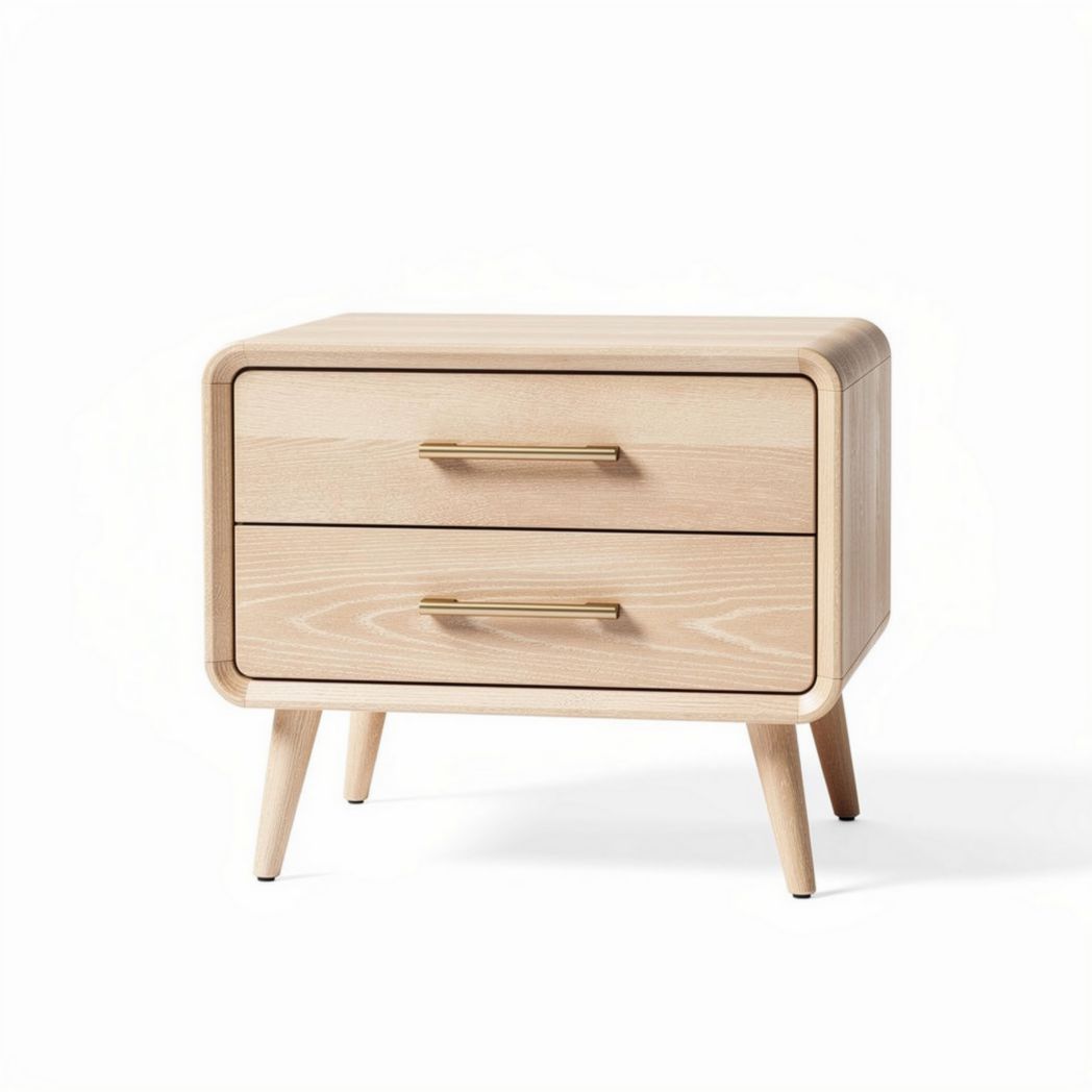 Table de nuit en bois clair avec deux tiroirs et poignées dorées 50 x 45 x 40cm