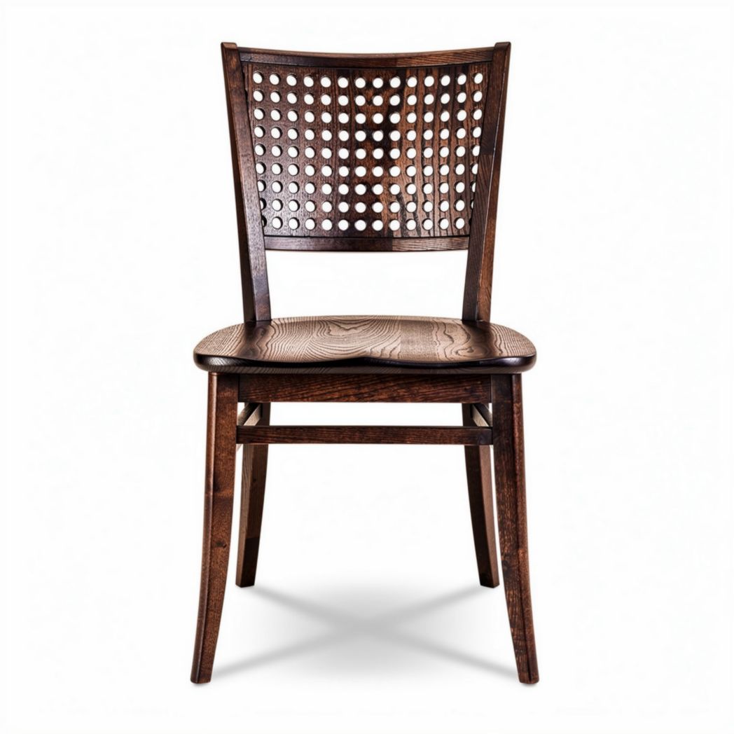 Chaise en bois foncé à assise plate et dossier ajouré 45 x 50 x 85cm
