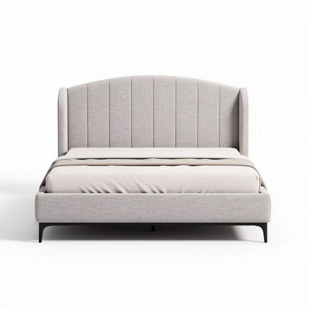 Lit en tissu gris avec tête de lit rembourrée dimensions 200 x 160 x 120cm