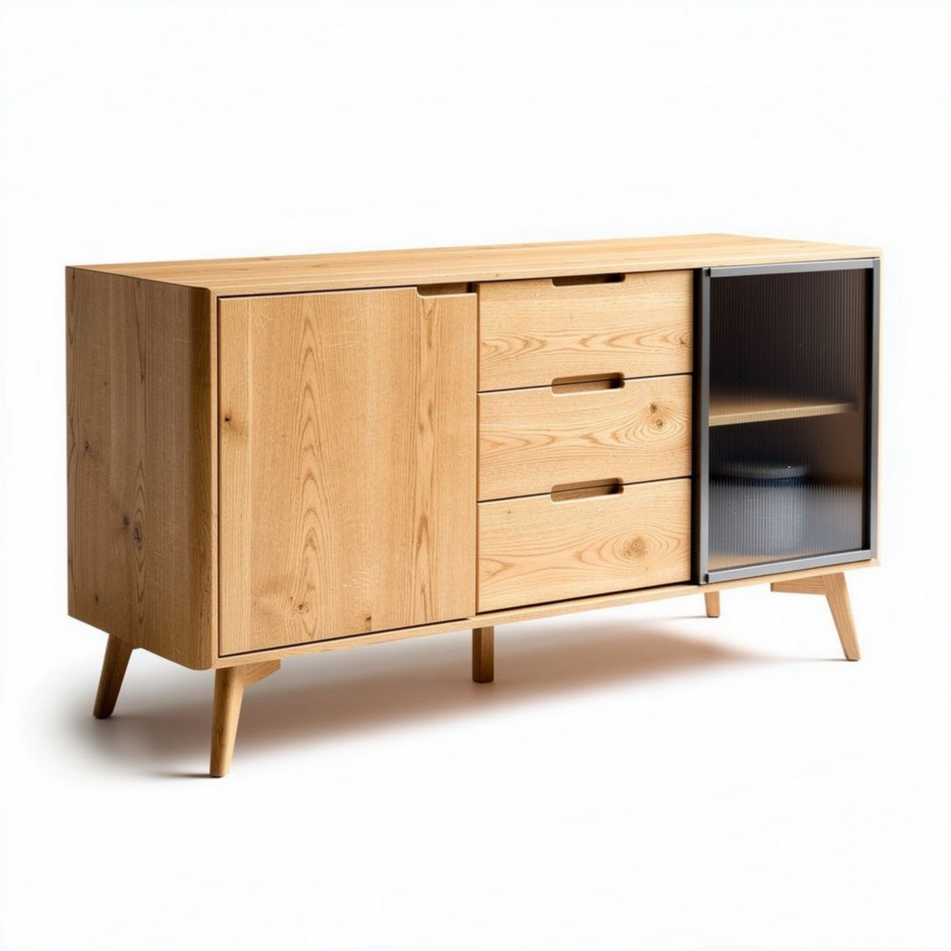 Buffet en bois de pin avec portes vitrées et tiroirs 120 x 40 x 80cm