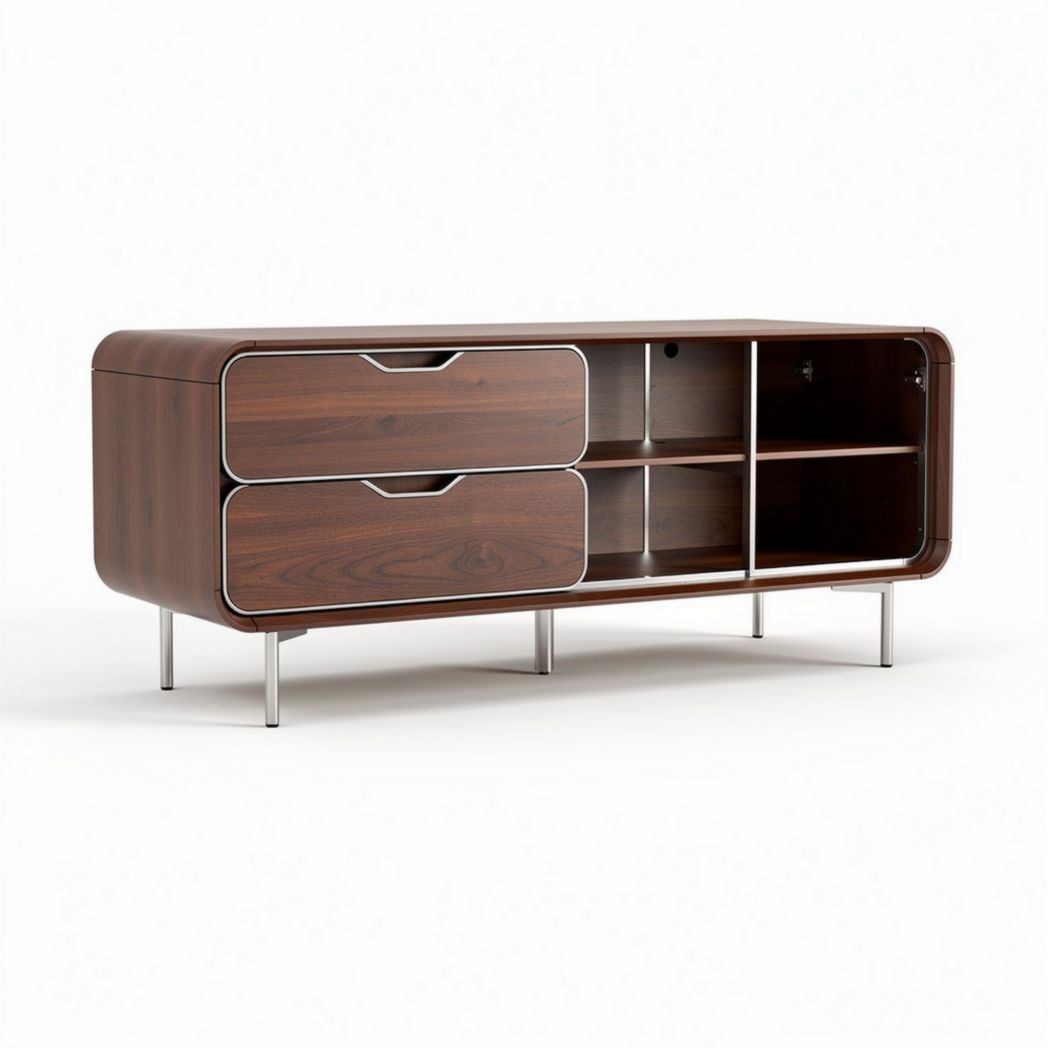 Meuble TV en bois de noyer avec rangement ouvert et tiroirs 150 x 45 x 60cm