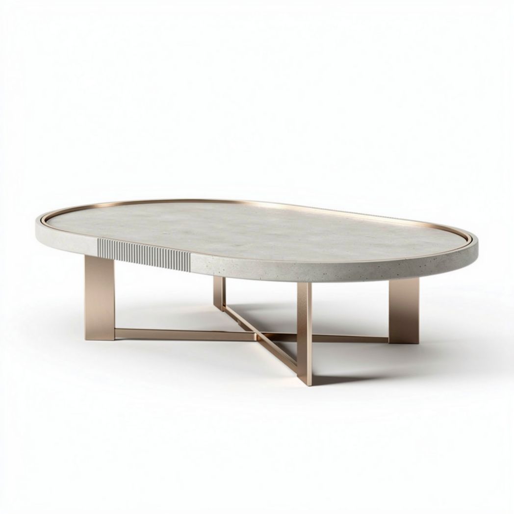 Table basse ovale en béton et métal doré 120 x 80 x 40cm pour salon